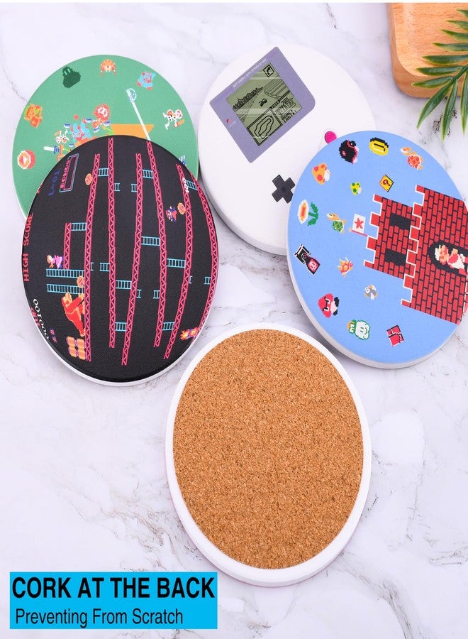 Pounchi Retro Video Game Coasters (4 Pack) Round Ceramic Absorbent Coasters with Cork Base Retro Pixel Style Merch for Game Lovers Teens - Image 5